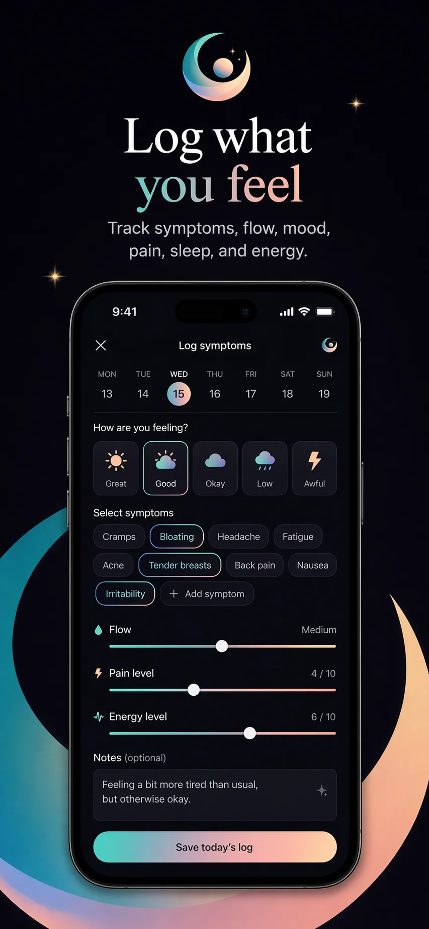 CycleBalance app screen for logging PCOS symptoms and how you feel