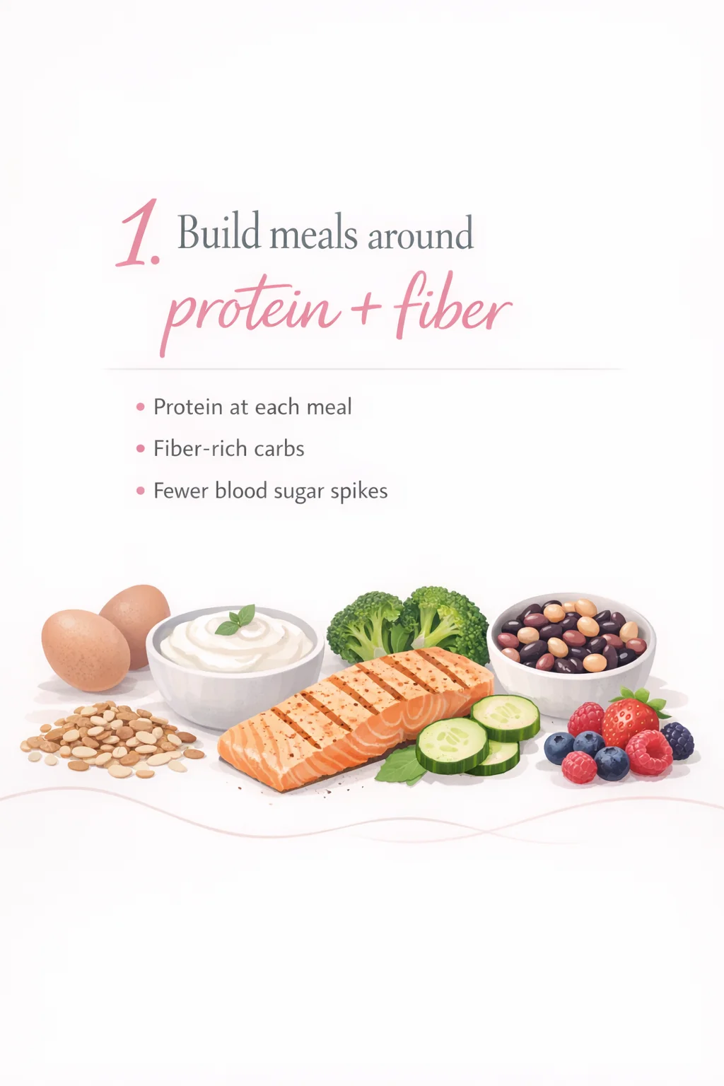 Build PCOS meals around protein and fiber for blood sugar balance